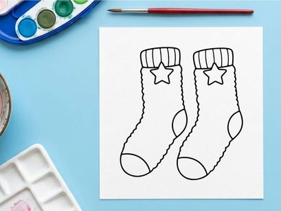 Christmas socks line art illustration with star pattern for holiday coloring page design.