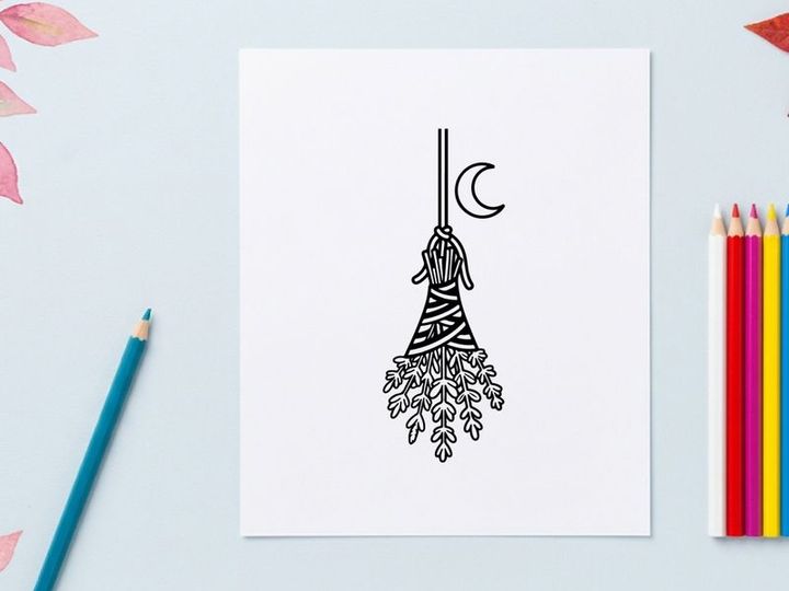 Hiasan gantungan sapu terbang setan bergambar tangan. Ilustrasi hitam putih menyeramkan sapu terbang untuk kerajinan dan dekorasi pesta yang meriah.