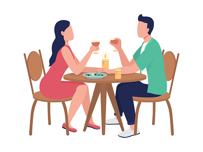 Dining together at restaurant flat color vector faceless characters