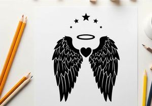 Black silhouette of angelic wings with heart halo stars