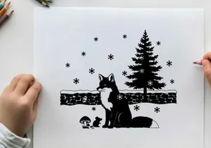 A fox and a mouse in a snowy silhouette landscape with pine tree
