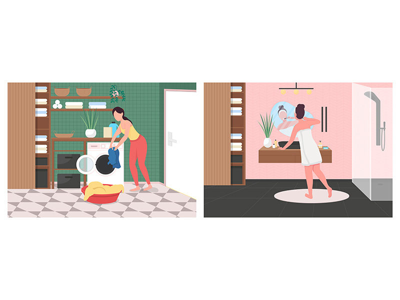 Daily routine in bathroom flat color vector illustration set