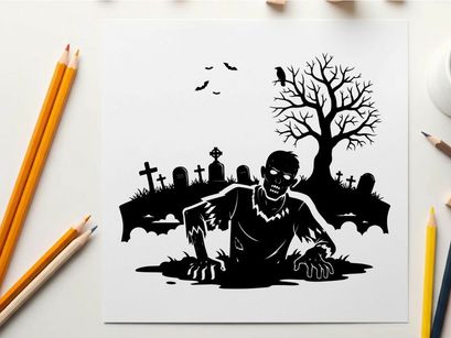 Silhouette of a zombie rising from a spooky graveyard