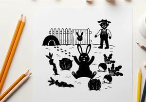 Silhouette of a rabbit and farmer in a garden scene