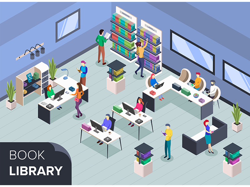 People at modern book library isometric color vector illustration