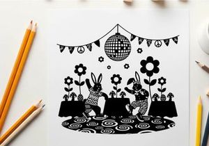 Groovy silhouette of bunnies dancing under disco ball silhouette