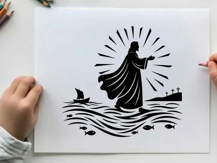 Jesus christ walking on water silhouette with sun rays