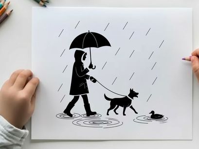 Silhouette of a woman walking dog on a rainy day