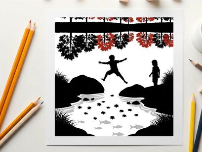 Silhouette of a child jumping over a stream with another child watching