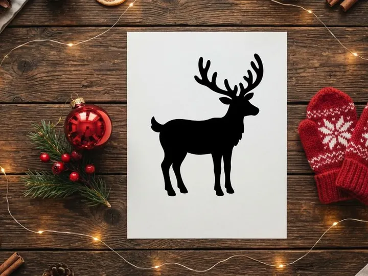 Siluet hitam rusa yang berdiri di latar belakang putih untuk desain Natal.