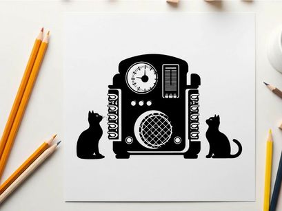 Silhouette of cats and vintage radio on white background silhouette