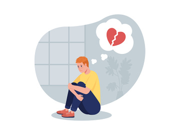 Stressed teen boy sit alone thinking of break up 2D vector isolated illustration preview picture