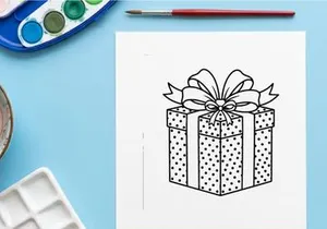 Christmas gift box with polka dot pattern and ribbon bow line art illustration