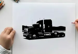 Silhouette of a semi truck on the road with mountains in the background