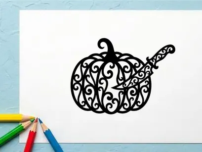 Calabaza de Halloween decorativa con diseño intrincado de espirales y hojas
