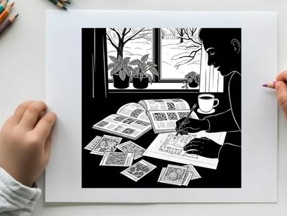 Silhouette of a person reading and writing by the window with plants