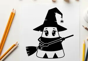 A cute cartoon ghost wearing a witch hat silhouette