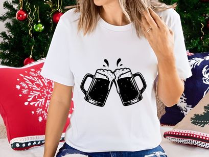 Cheering beer mugs clinking foam celebration vector illustration