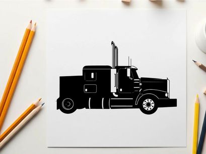 Silhouette of a semi truck against a white background