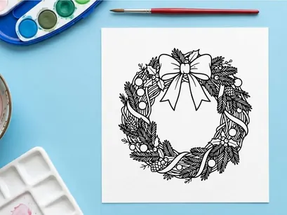 Ilustración de arte lineal de corona navideña con ramas de pino y un lazo decorativo