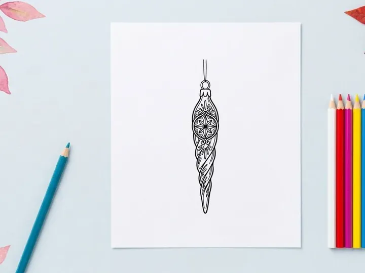 Christmas tree ornament icicle decoration, hand drawn black and white festive bauble art.