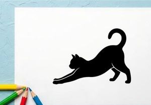 Silhouette of Stretching Cat in Playful Pose on White Background