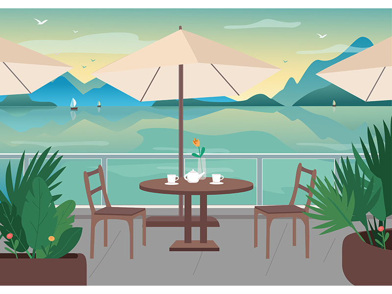 Street restaurant at seaside resort flat color vector illustration