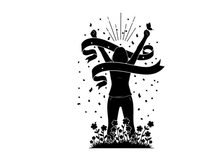 Silhouette of a person celebrating with ribbons and flowers