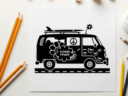 Silhouette of a psychedelic van with flower power silhouette
