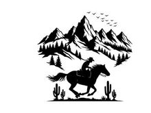 Cowboy riding horse silhouette in mountainous desert landscape