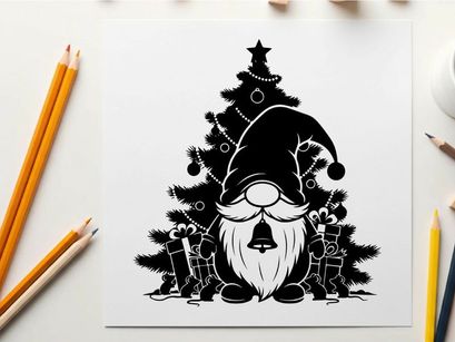 Christmas gnome silhouette with tree and stockings