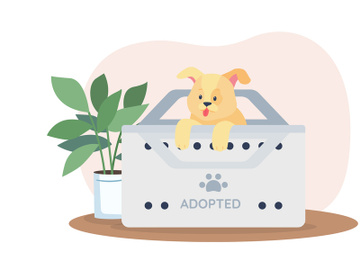 Dog in box for adoption from shelter 2D vector web banner, poster preview picture