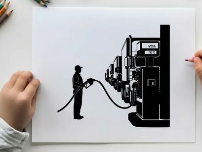 Silhouette of a man refueling a semi truck at a gas station