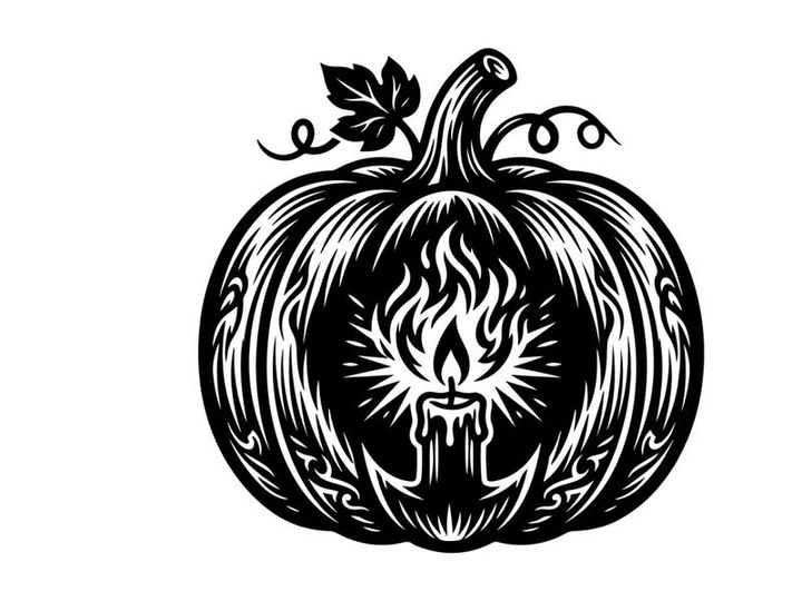Black and white pumpkin with candle and floral design for Halloween