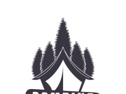Pine trees and camping tent textured logo design vector illustration