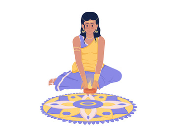 Pretty girl in sari putting candle on rangoli semi flat color vector character preview picture