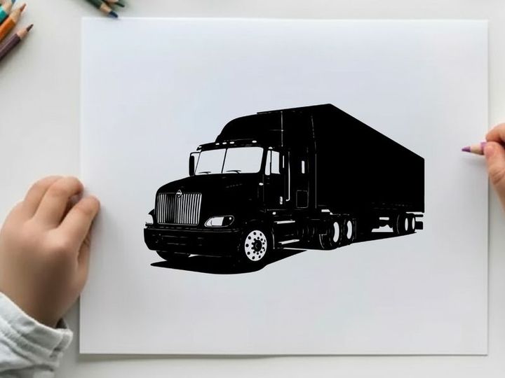 Silhouette of a semi truck with trailer in a city setting
