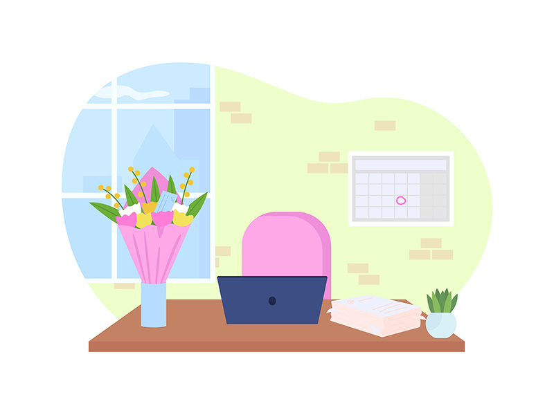 Office desk with bouquet in vase 2D vector web banner, poster