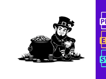 Cartoon leprechaun stirring magic pot of gold at night preview picture