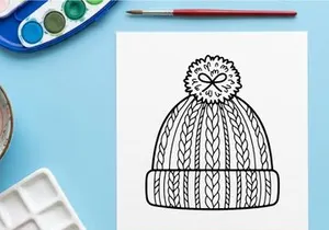 Topi rajut musim dingin dengan pom pom, pola kabel rajut tergambar tangan, diisolasi di latar belakang putih