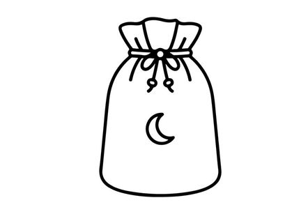 Hand-drawn crescent moon in a sack. Whimsical doodle of lunar symbol inside a tied bag illustration.