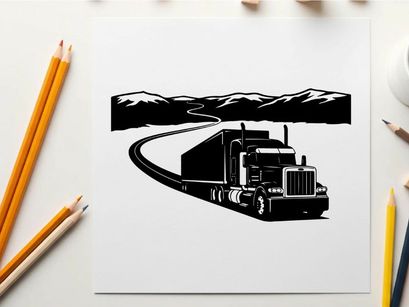 Black silhouette of a semi truck driving on a winding road through mountains
