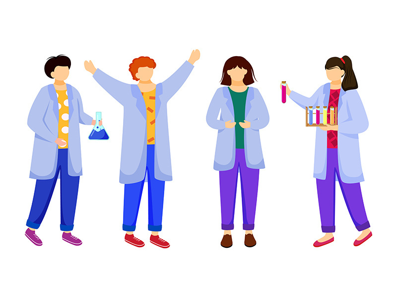 Science students in lab coats flat vector illustration