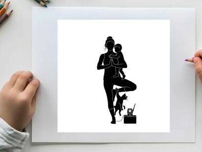 Silhouette of a woman with a baby and cat exercising