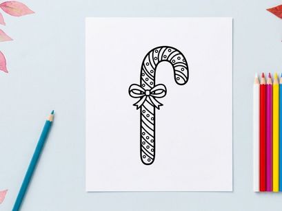 Christmas candy cane line art illustration with a decorative bow for holiday design projects