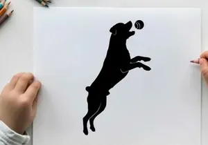 Dog silhouette jumping to catch a ball in mid air silhouette