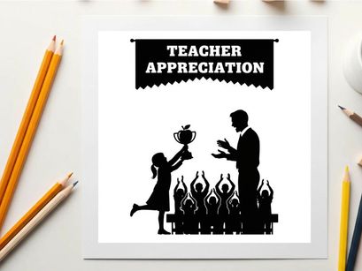 Teacher appreciation silhouette graphic with student and trophy