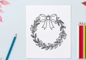 Christmas wreath line art illustration with holly leaves and a decorative bow