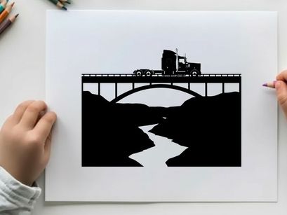 Truck crossing bridge in silhouette against white background