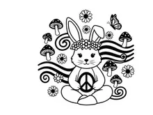 Peaceful silhouette bunny with flowers and mushrooms